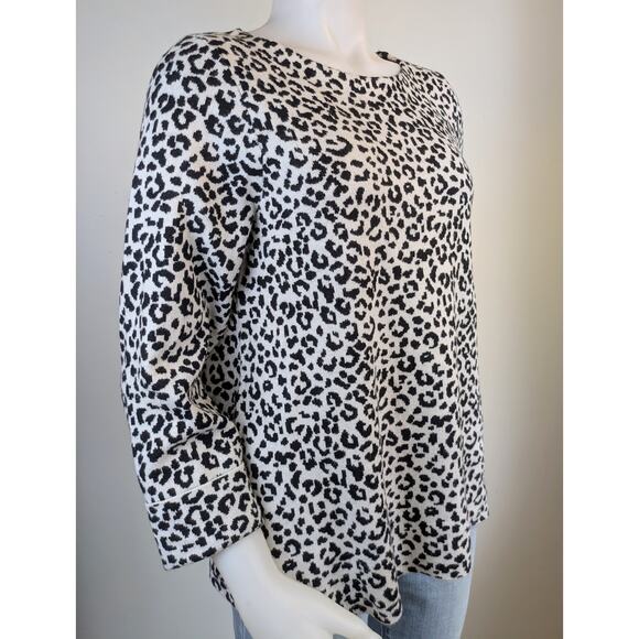 Cynthia Rowley Sweater Large Black Taupe Leopard Print Crew Neck 3/4 Sleeve Soft - Picture 2 of 10
